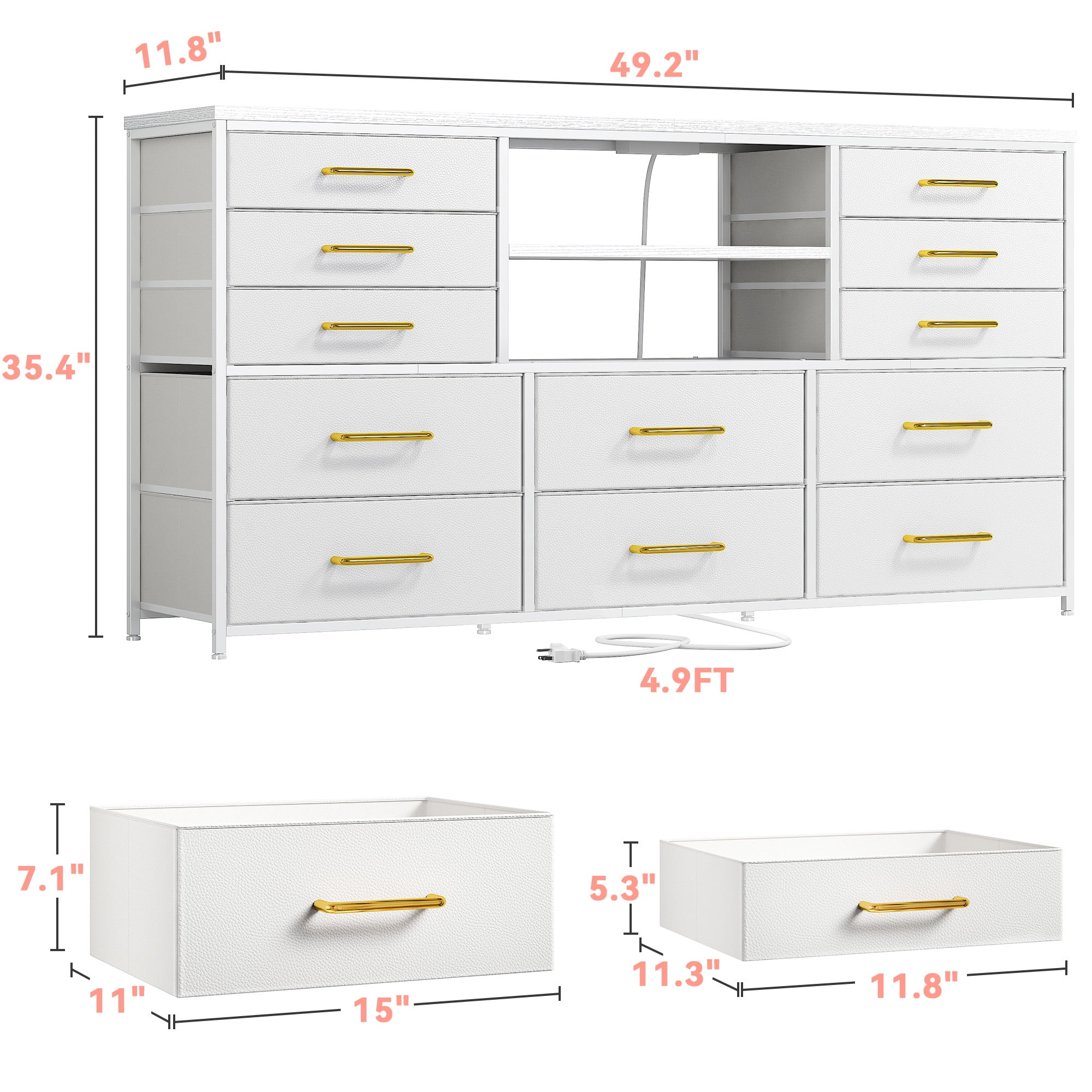 EnHomee White Dressers for Bedroom with LED Lights TV Stand with Power Outlet for 55'' TV with 12 Fabric Drawers