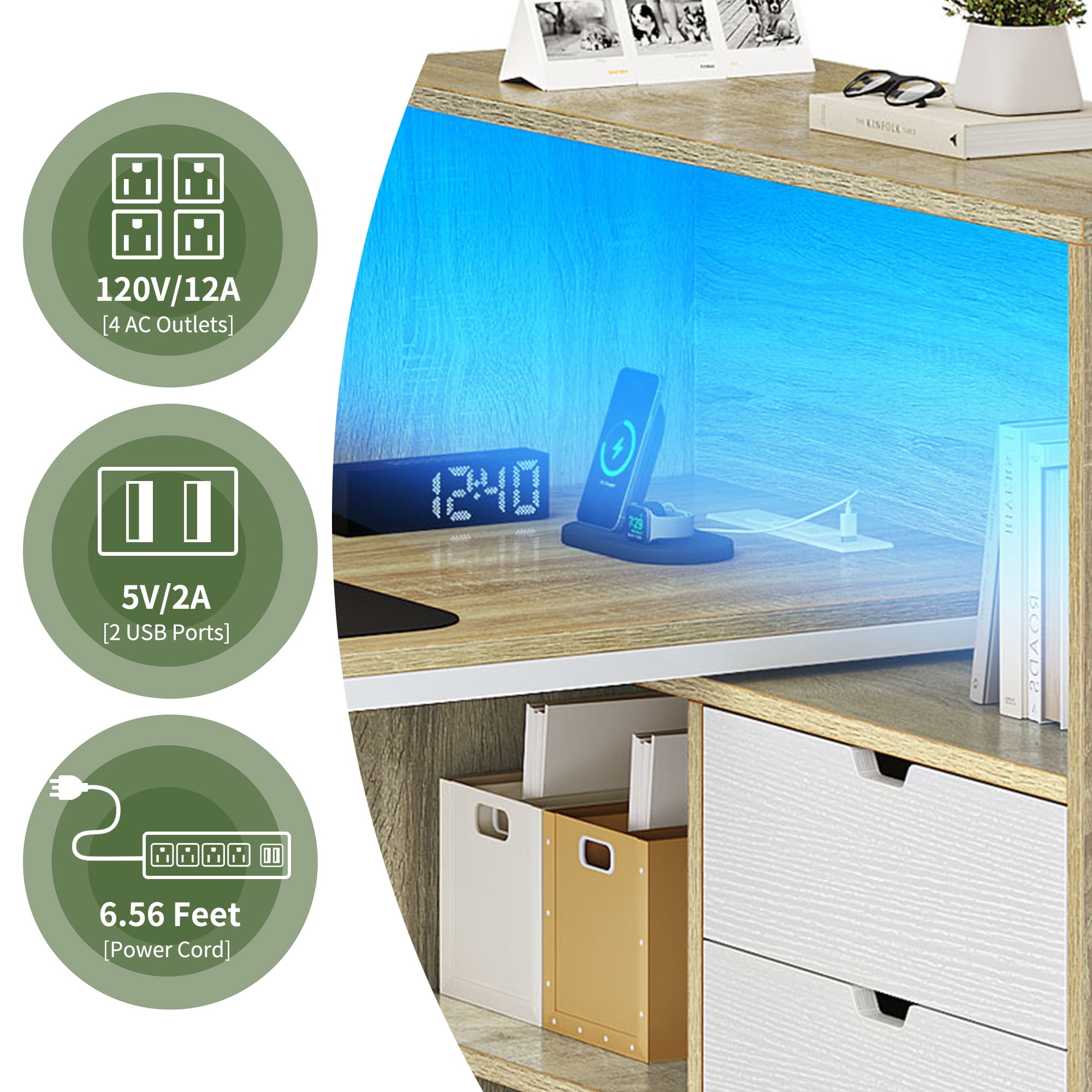 Uforic  55" Corner L Shaped Desk with Power Outlets & LED Lights & File Cabinet, 3 Drawers & 3 Storage Shelves, Home Office Desk with Bookshelf, White& Oak