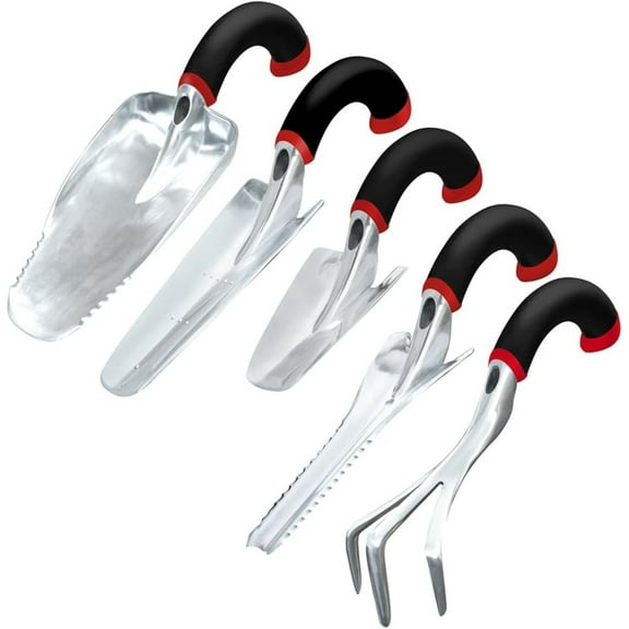 YSNW 5-piece Garden Aluminum Ergonomic Garden 5-piece Hand Tool Set, Red