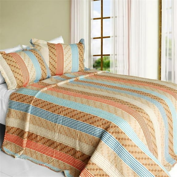 QTS-SJIN9217-23 Million Miles - Cotton 3 Pieces Vermicelli-Quilted Striped Printed Quilt Set  Full & Queen Size - Orange