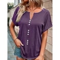 thumbnail image 4 of Bienvenido Verano Top Botón Delantero Manga Corta Cuello En V Transpirable Cómodo Casual Camiseta Púrpura XL, 4 of 7
