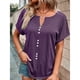 thumbnail image 4 of Bienvenido Verano Top Botón Delantero Manga Corta Cuello En V Transpirable Cómodo Casual Camiseta Púrpura M, 4 of 7