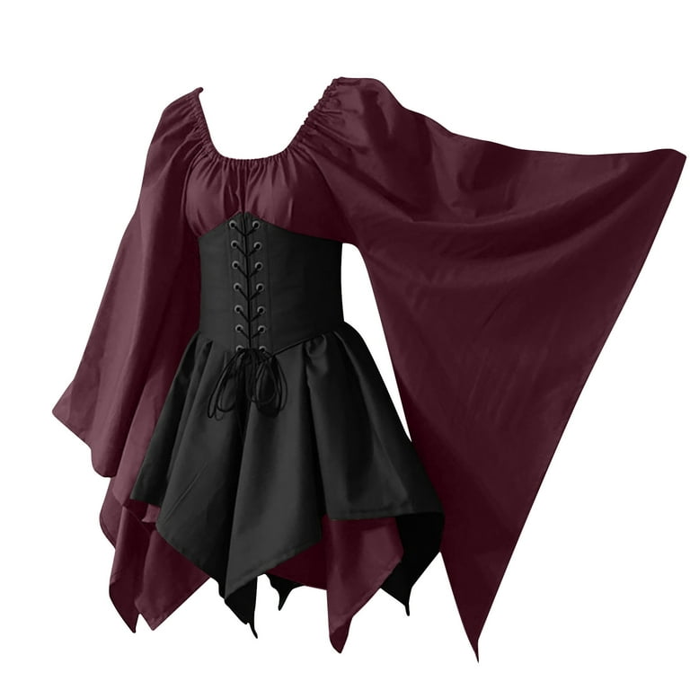 RQYYD Maxi Dress for Women, Womens Medieval Cosplay Long Sleeve Gothic  Retro Corset Dress Round Neck Irregular Vintage Plus Size Halloween Dresses  