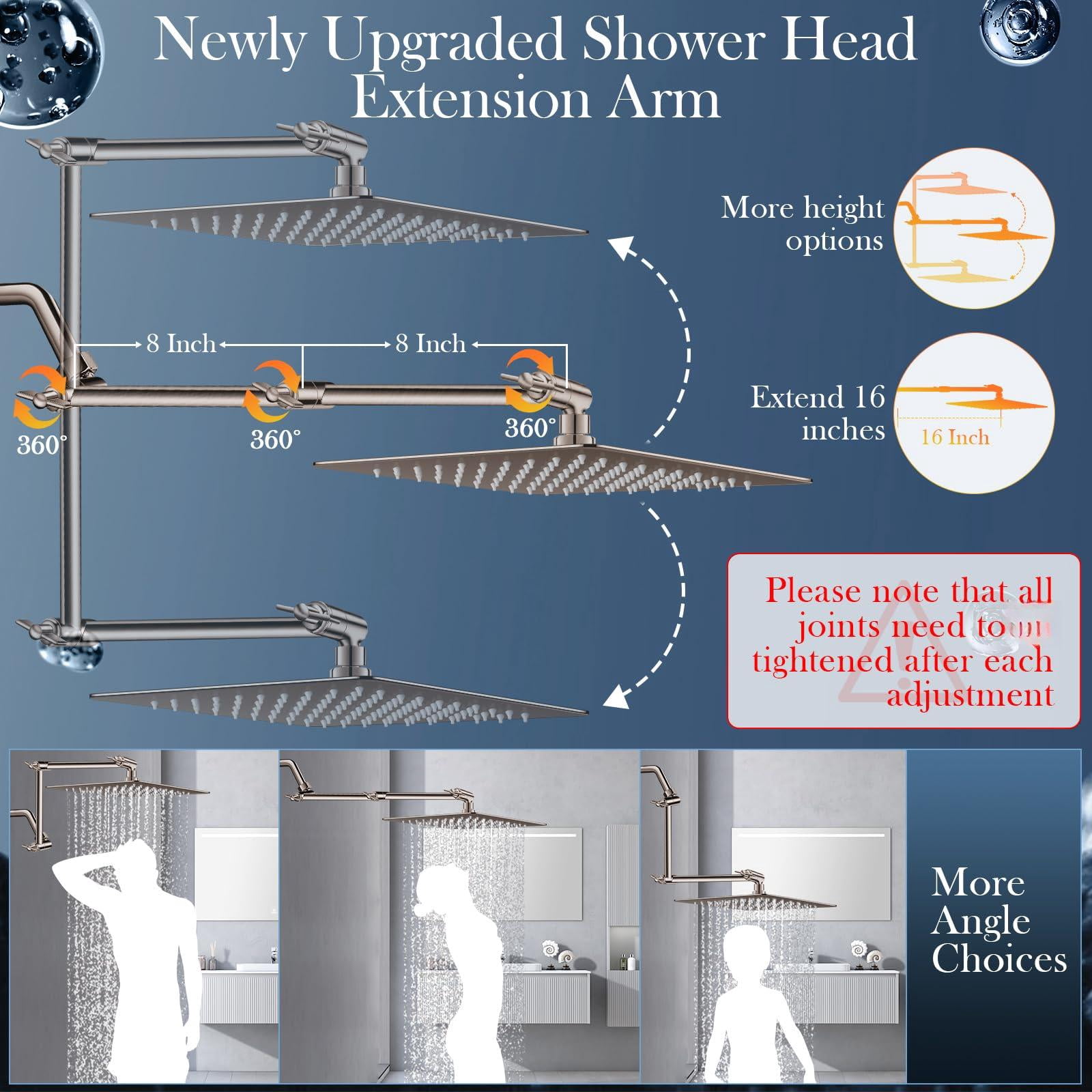 12'' Rain Shower Head Combo  High Rainfall With 16'' Flexible Height/angle Adjustable Extension Arm 5 Setting Spray Hand Held Nickel