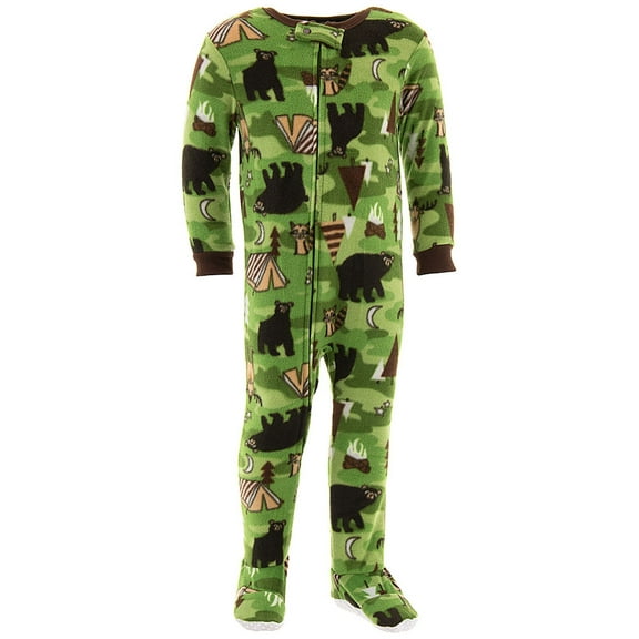 Toddler Boy's Green Camping Forest Animal Print Fleece Pajama Sleeper, Size 4T