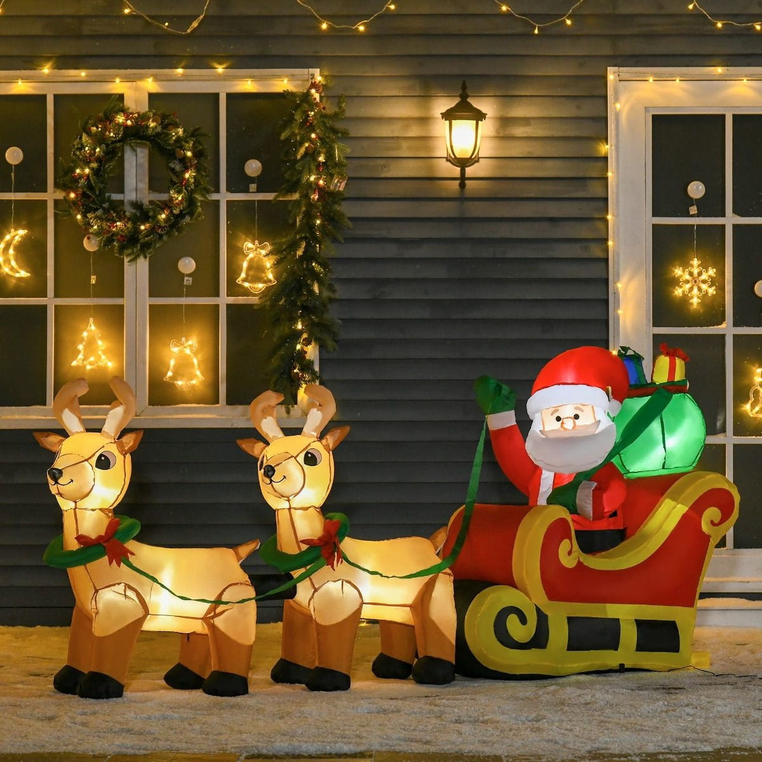 Christmas Inflatable Santa Claus with Sleigh and Reindeer, 8 ft Outdoor Blow-Up Yard Decoration with Built-In LED Lights, Polyester
