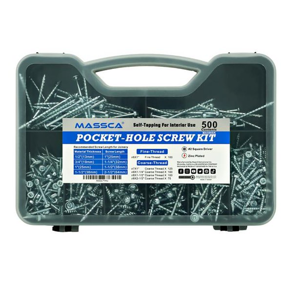 Massca Products X002L7YAIJ Pocket-Hole Screw Kit - Self Tapping Zinc Plated Screws - 500 Units