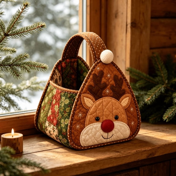 Christmas Character Quilted Carry Basket, Seasonal Holiday Carrying Tote, Multi‑purpose Organizer for Holiday Gathering, Tabletop Arrangement and Gift Storage