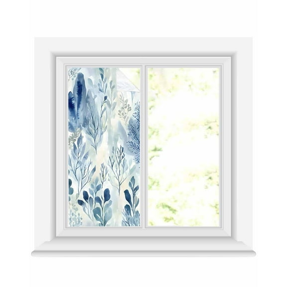 Window Privacy Film Blue Botanical Stained Glass Window Film Decorative Sun Block Window Cover Vintage Impressionist Style Watercolor Window Clings Static Adhesive Sticker for Bathroom 19.6"x39.3"