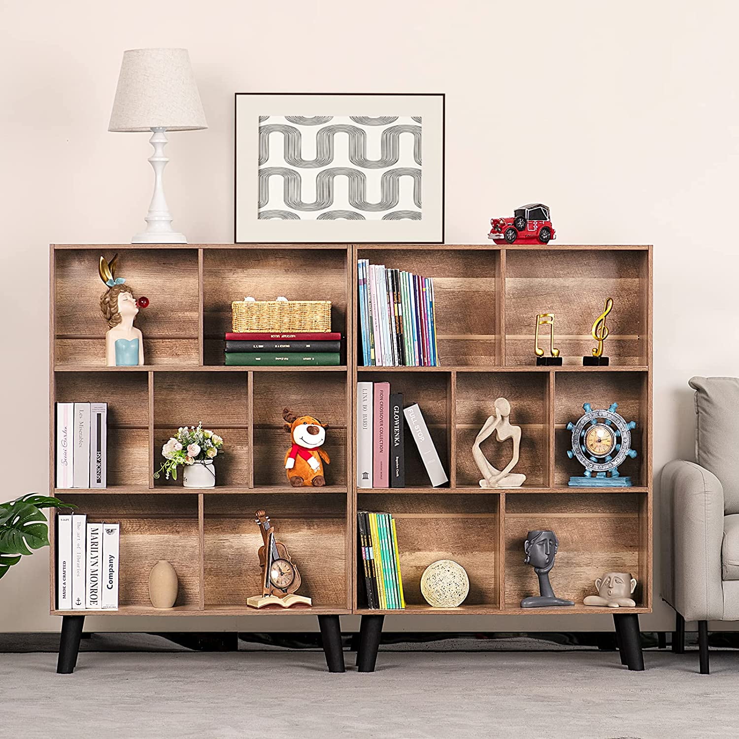 LEYAOYAO 5 Cube Small Bookshelf,3 Tier Mid-Century Modern Bookcase with  Legs,Wood Kids Bookshelves