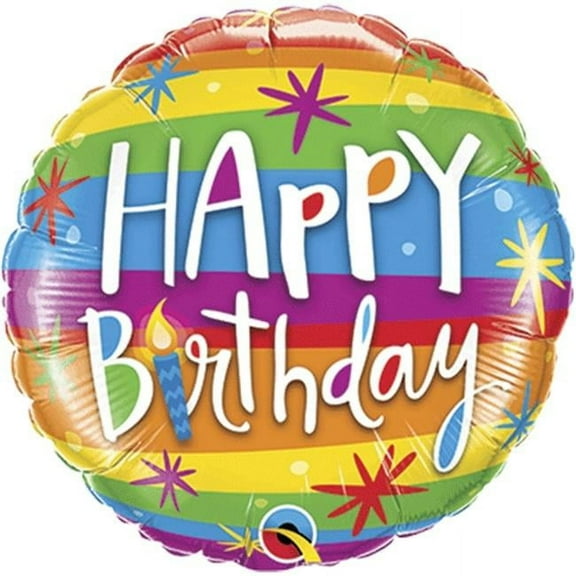 18 inch Qualatex Birthday Rainbow Stripes Foil Mylar Balloon - Packaged - Qty 1 - Party Supplies Decorations
