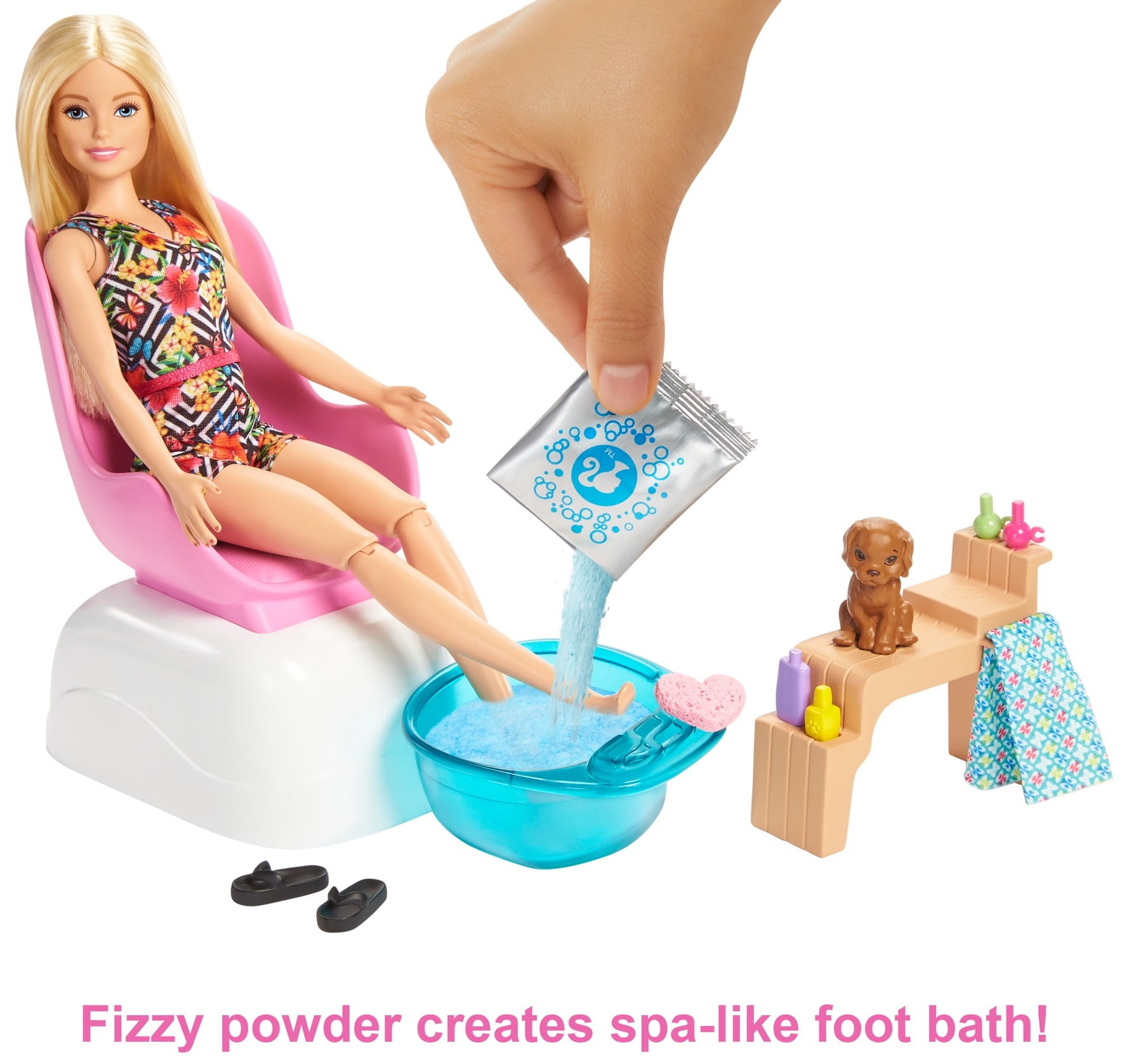 Barbie Mani-Pedi Spa Playset, Blonde Barbie Doll, Puppy, Fizzy Packs \u0026 Color-Change - Walmart.com - Walmart.com