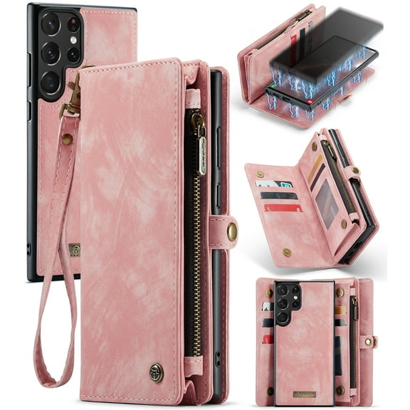 for Samsung Galaxy S25 Ultra Premium PU Leather Folding Case, Multiple Card Slots Design, Wrist Strap Zipper Pocket Kickstand Magnetic Snap, Wireless Charging for Samsung Galaxy S25 Ultra, Pink