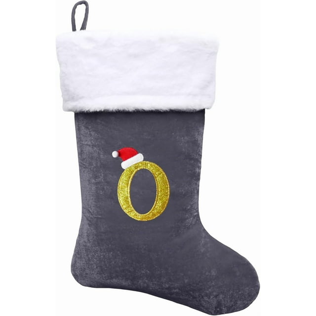 Dbfengbilian 21 Inches Christmas Stockings with Customizable Letters, Large Christmas Stockings with Super Soft Plush Cuff Embroidered Letter - Grey O