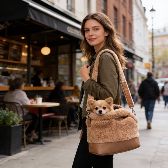 Gytml Plush Dog Purse Carrier For Small Dogs, Soft Warm Dog Tote Bag With Safety Harness Clip, Cozy Fleece Interior Pet Carrier, Lightweight Dog Shoulder Carrier For Travel Khaki-B