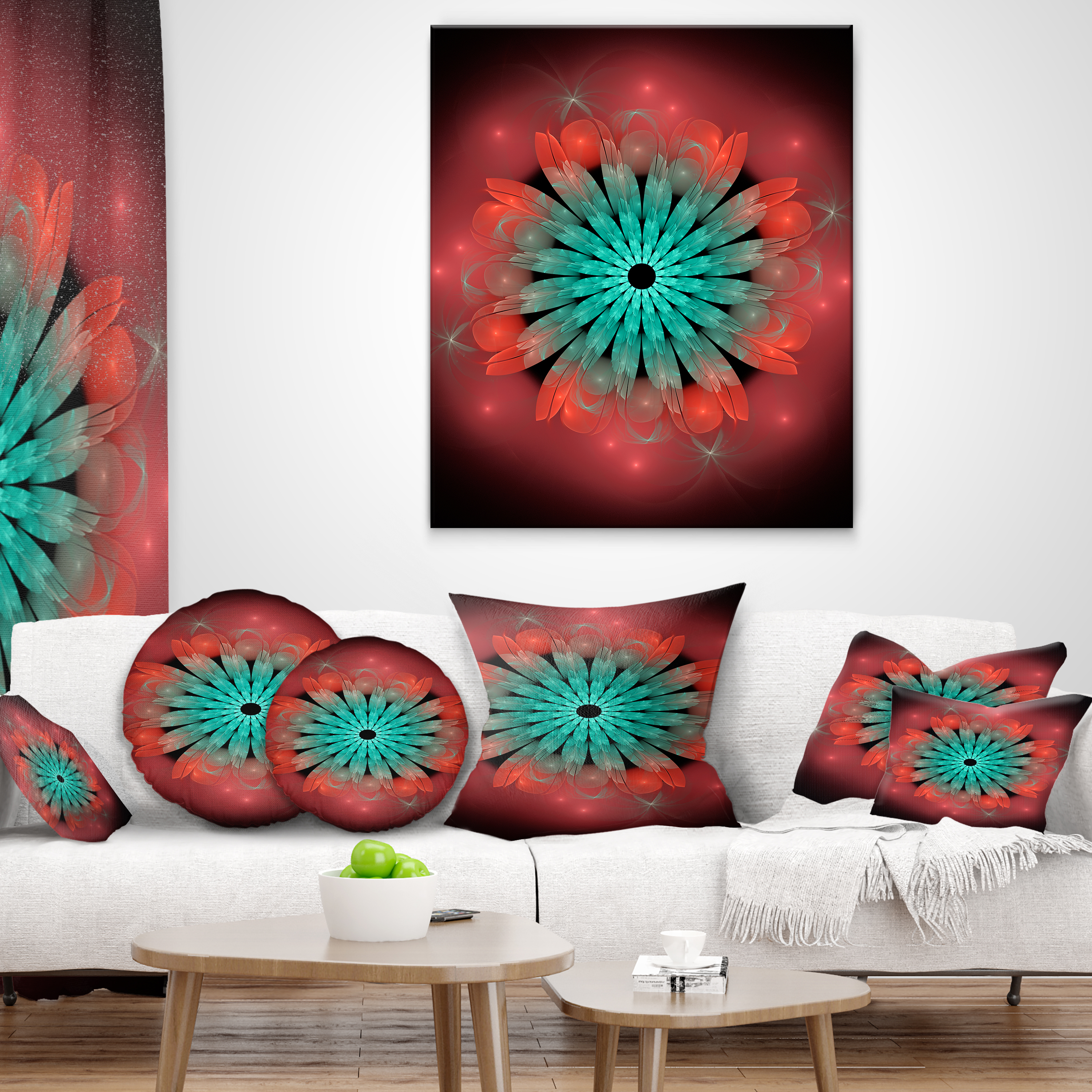 Designart Fractal Blooming Blue Red Flower - Floral Throw Pillow - 16x16