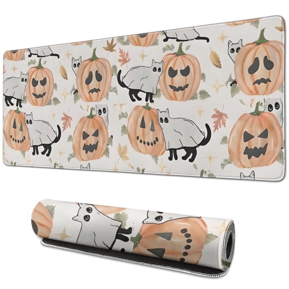Long Mouse Pads for Desk,Halloween Cats and Pumpkins Pattern Desk Mats on Top Of Desks, Desk Mouse Pad Extra Large with 3mm Non-Slip Base and Stitched Edge for Gaming,Office,Work,Home 31.5"x11.8"