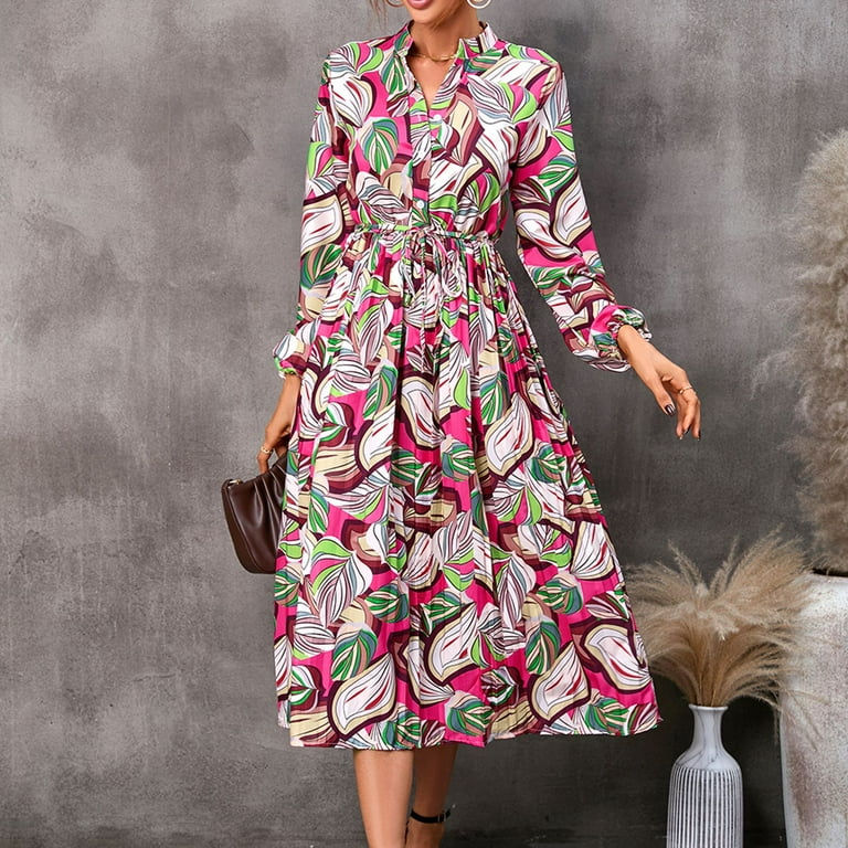 Swsmclt Women's Swing Dress Winter Long Sleeve Dresses Fall Trendy Elastic Casual Dress 13 Rose 14