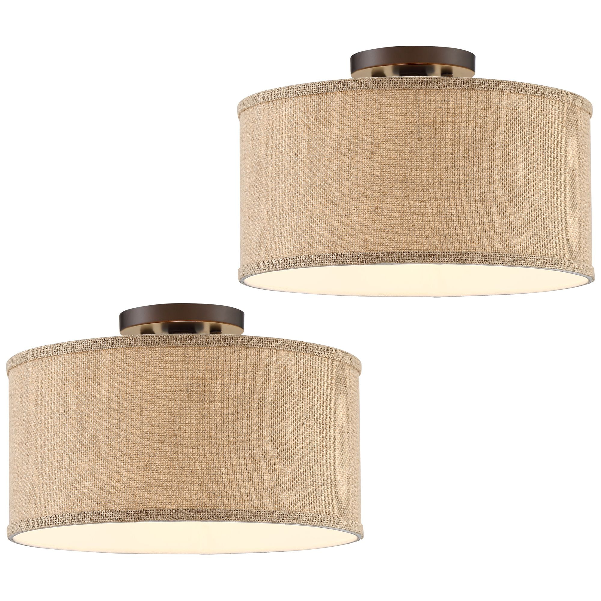 360 Lighting Adams Modern Ceiling Light Semi Flush Mount Fixtures 14" Wide Set of 2 Bronze Burlap Fabric Drum Shade for Bedroom Kitchen Living Room