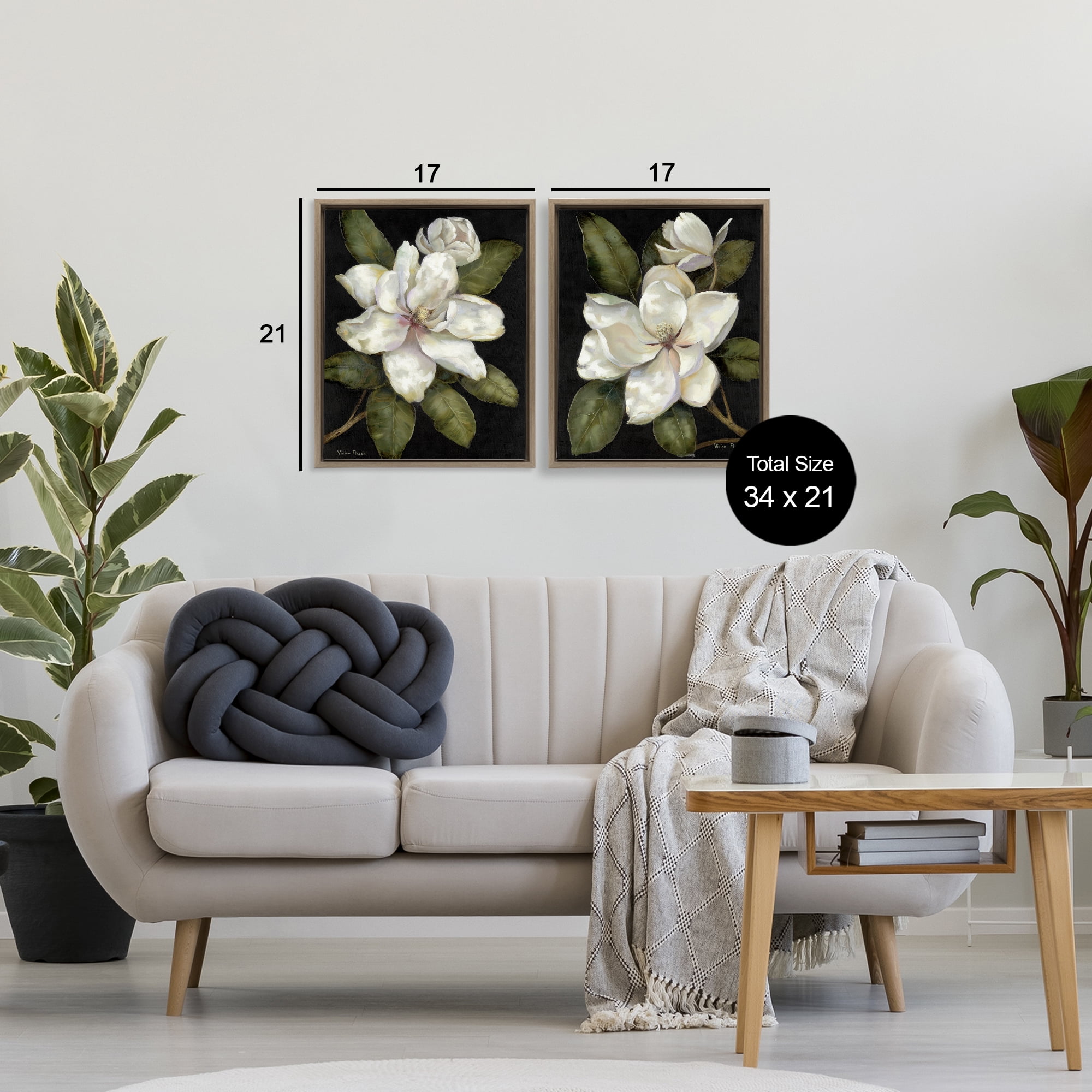 Stupell Industries Magnolia Buds & Blooms 2 Piece Brown Framed Floater Canvas Set, design by Nan