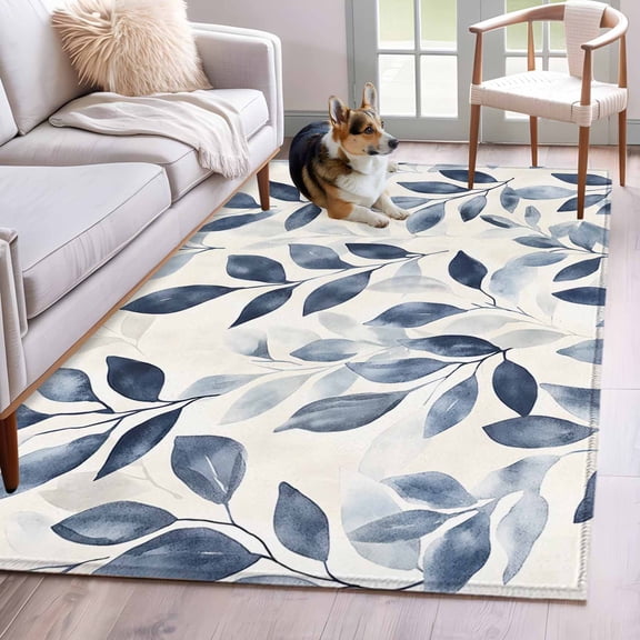Navy Blue Botanical Area Rug 4x6 Washable Rug Non Slip Pastoral Spring Leaves Watercolor Large Area Rug Indoor Floor Carpet for Entryway Bedroom Kitchen Living Room Home Office Dining Room Nursery
