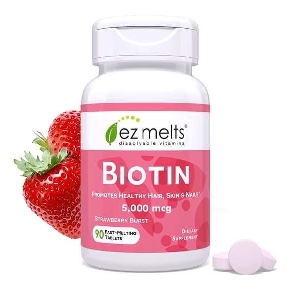 EZ Melts Biotin - Daily Vitamin B7 for Healthy Hair, Skin & Nails - Energy Metabolism Support - No Artificial Flavors - Non-GMO & Vegan - Strawberry Burst - 90 Dissolvable Tablets (90 Servings)