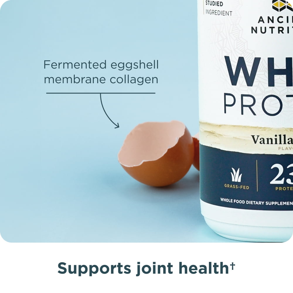 Ancient Nutrition Grass Fed Whey Protein, Vanilla Bean, 23g Protein, 20 Servings, Hydrolyzed Collagen Peptides, Organic Regenerative A2/A2 Milk Protein