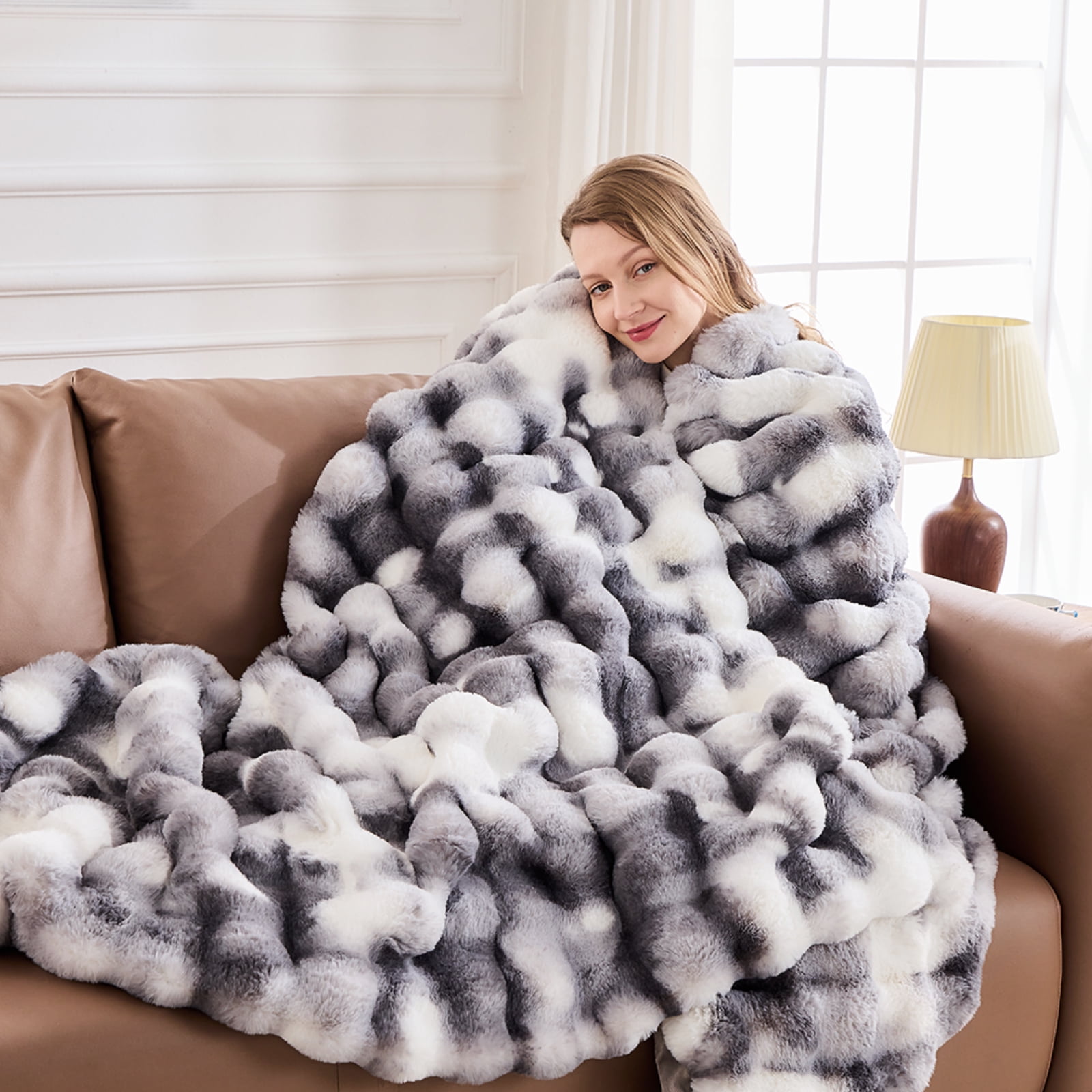 GEMBED Faux Fur Throw Blanket for Couch Fuzzy Soft Plush Thick Bubble Blanket for Living Room, 50x60 inches, Tie Dye Gray