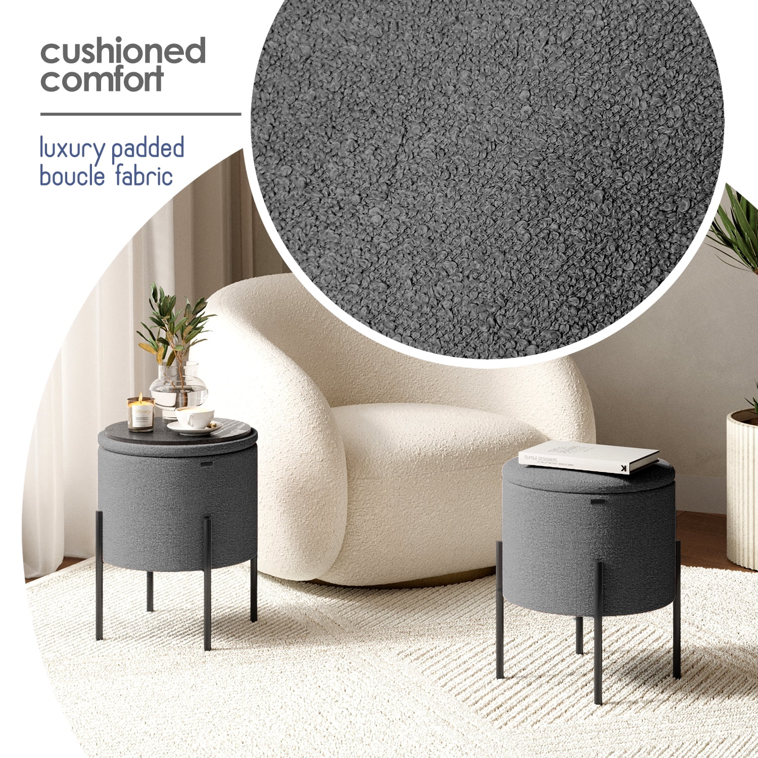 LammaLoe Small Round Ottoman with Storage, Boucle Ottoman Foot Stool with Lid, Upholstered Vanity Stool for Living Room & Bedroom, Grey