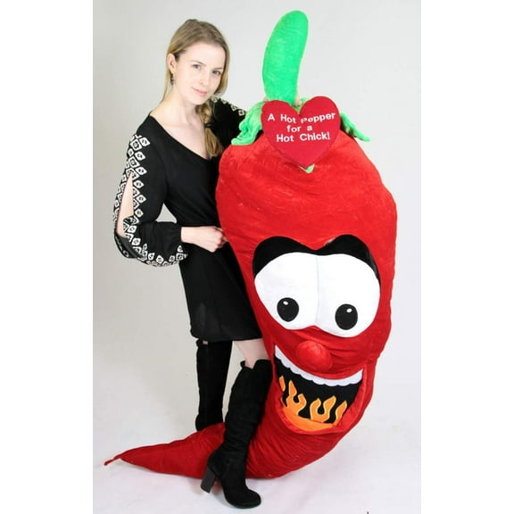 6ft Giant Stuffed Red Hot Pepper for a Hot Chick - Embroidered Heart Says A HOT PEPPER FOR A HOT CHICK