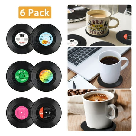 - Coasters for Drinks, 6-pack Vinyl Record Retro Music Coasters, Art Car Bar Tea Coffee Table Mug Beer Bottle Beverages Absorbent for Wine Glass Rubber Black Cup Mat