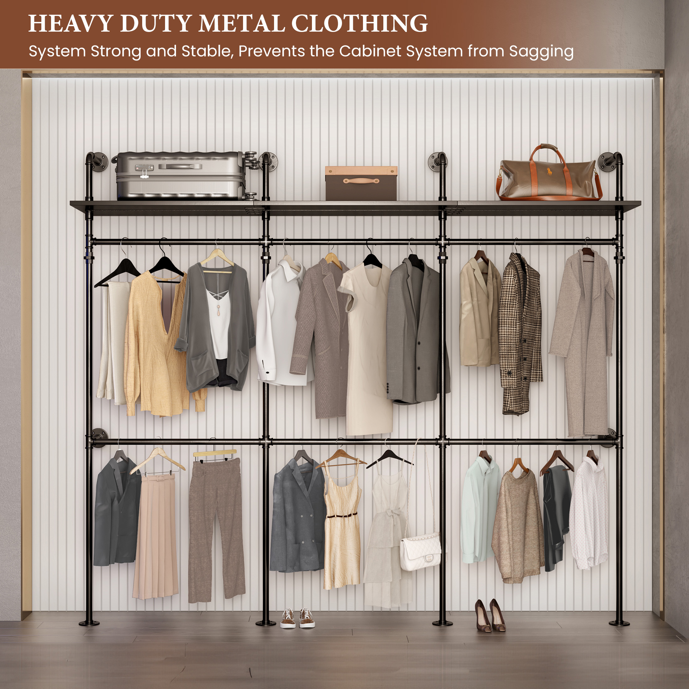 Aukfa 118" Industrial Pipe Clothing Rack with Lights, Shelves, Walk-in Closet System, Wardrobe Rack