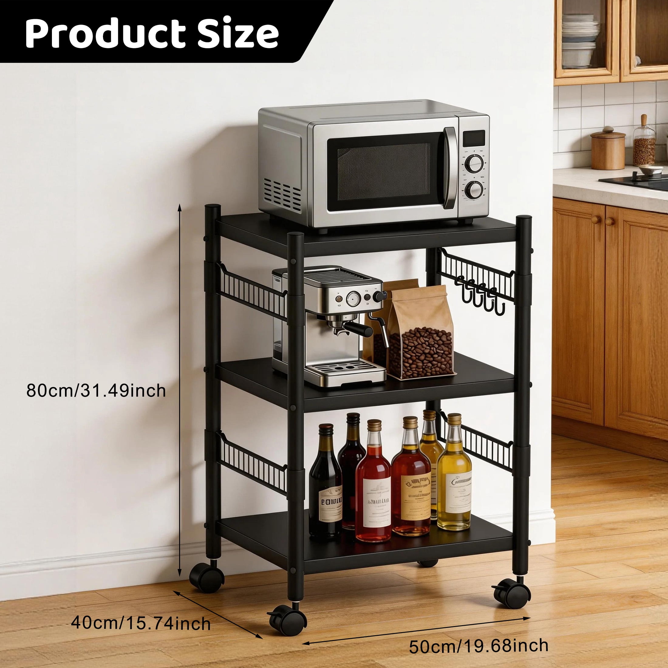 3-Tier Kitchen Microwave Cart, Rolling Utility Storage Cart, Utility Shelf Microwave Stand Storage Cart with Wheels and 4 Hooks, Microwave Oven Storage Cart for kitchens Bathrooms Offices