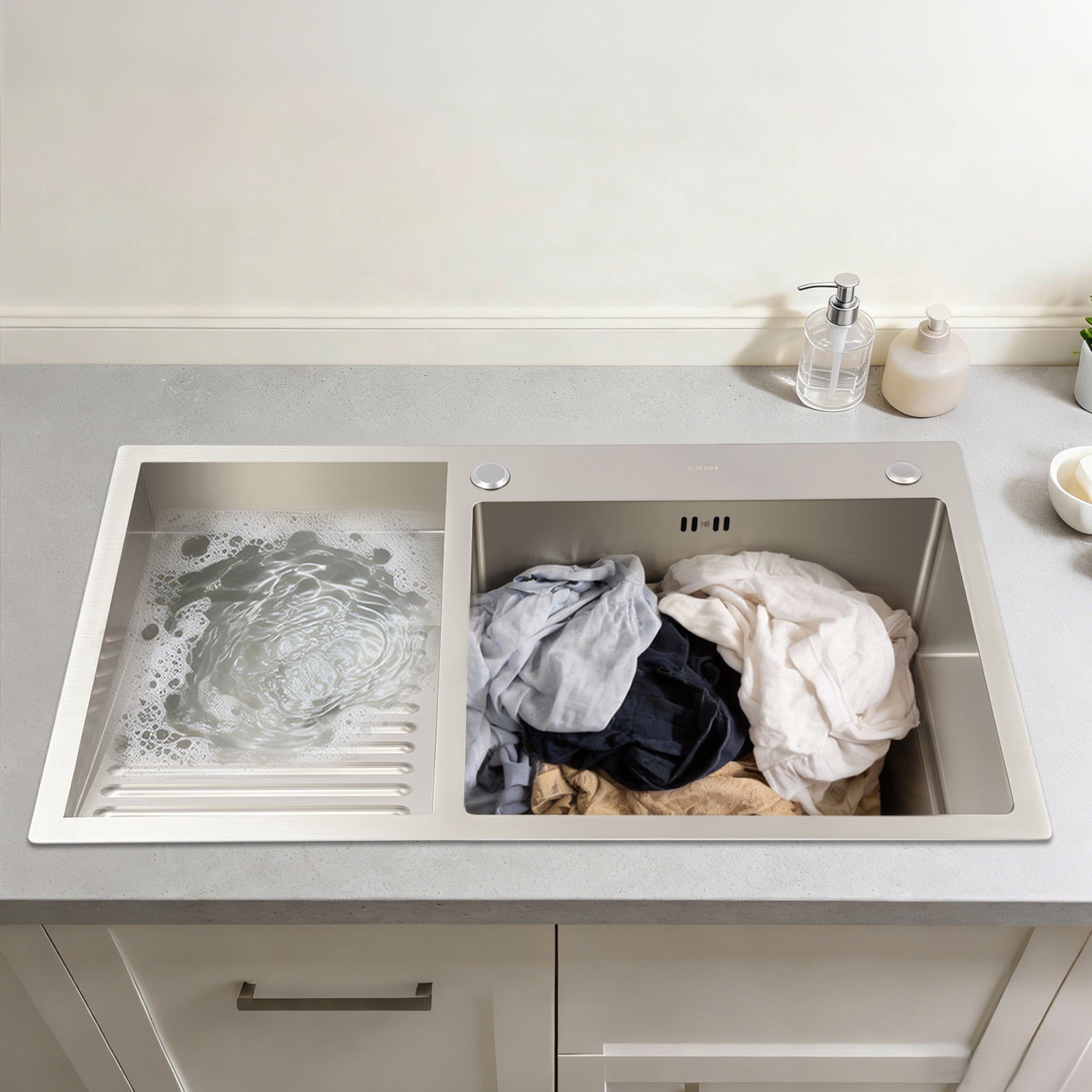 Blue Freestanding Floor Mount Utility Sink with Black High-Arc