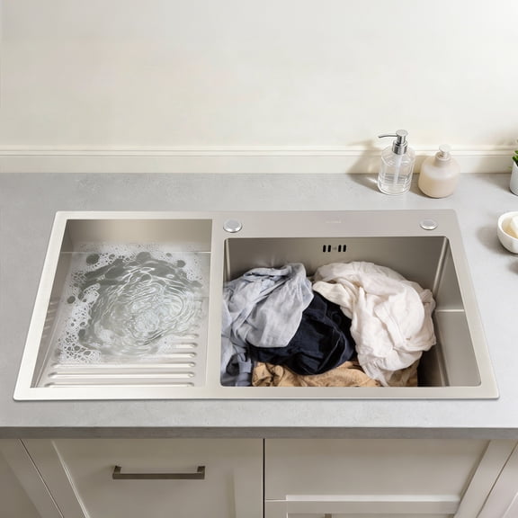 ChicHomey Laundry Sink 304 Stainless Steel,Dual-Basin Design, with 8.7" Deep Wash Basin & Built-in Washboard,Anti-Rust, for Laundry Room Utility Kitchen