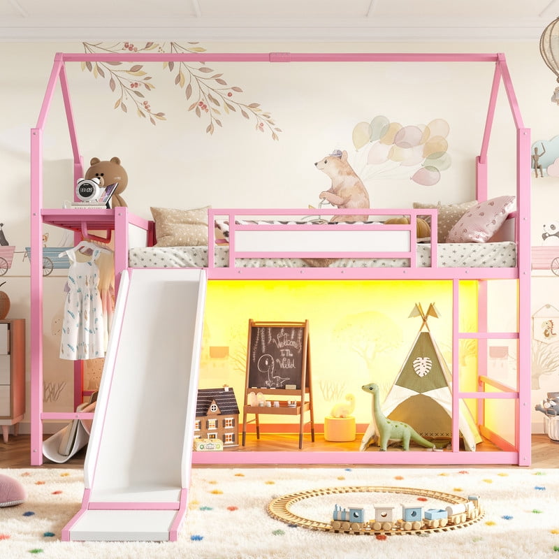 Twin Over Twin Metal Bunk Bed with Slide, LED Hanging Area, Fabric Storage Shelf, Power Outlet, House-Shaped Playhouse Frame, Safety Guardrails, Ladder, Low Profile Kids Bunk Bed