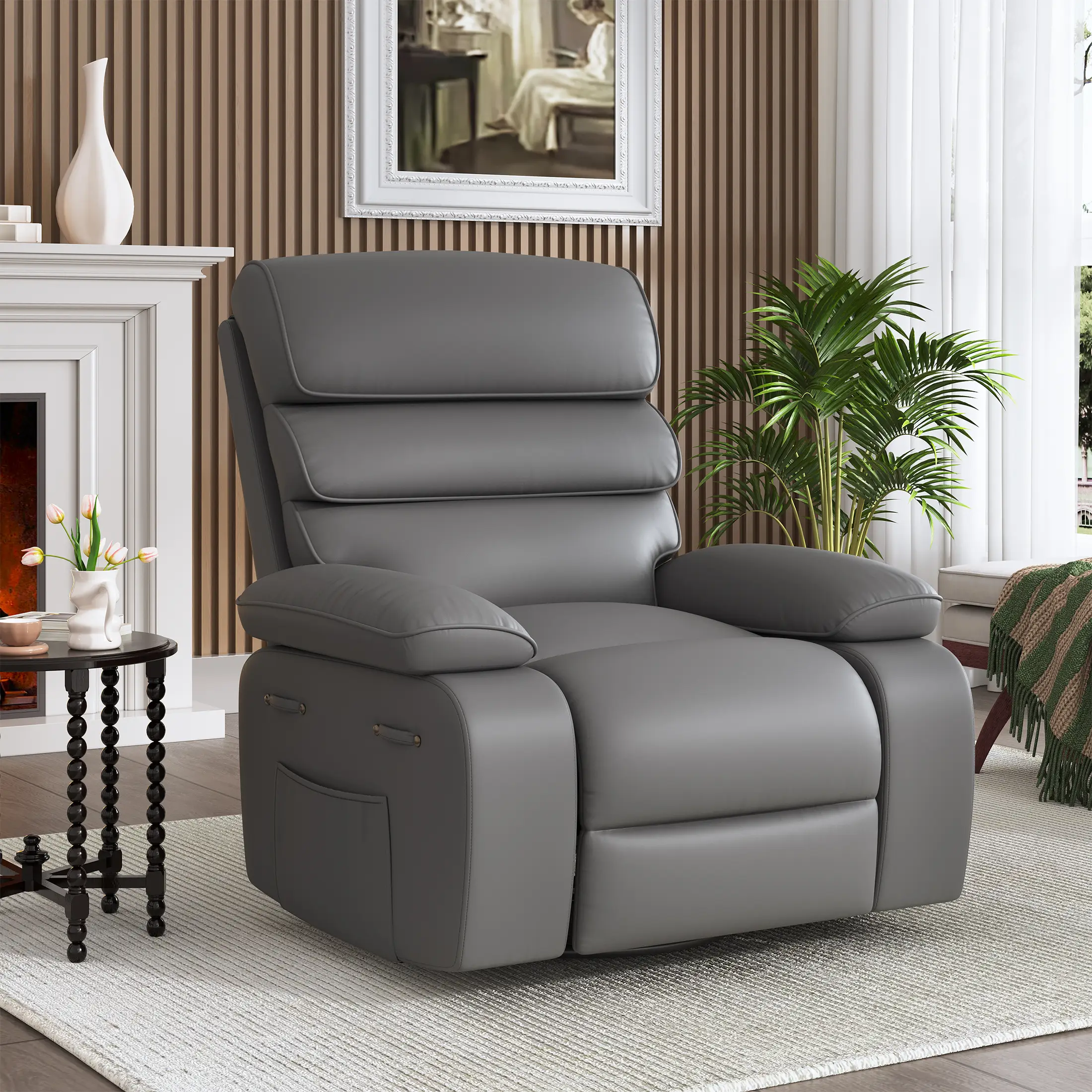 Techmilly Oversized Swivel Rocker  Recliner Chair with Heat and Massage, Adjustable Recline for Living Room,PU Leather (Dark Grey 35" Seat Width)