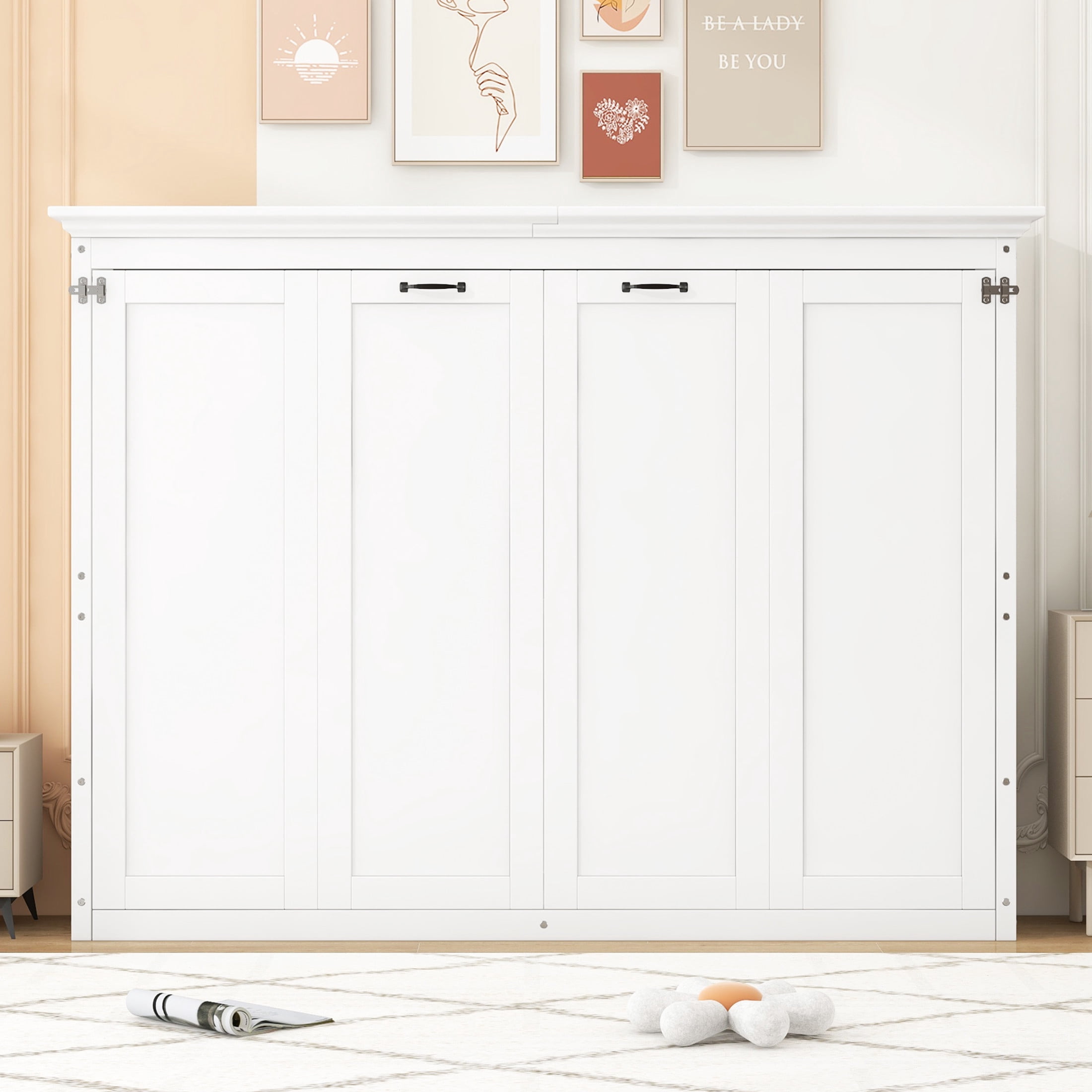 Noble House Halden Full Size Pine Wood Murphy Bed, Hidden Foldable Wall Bed Cabinet with Slat Support, White