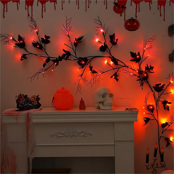 Fall Mantle Garland,Fall Leaves Garland with Lights,Black Branch with Purple Maple Leaves,Battery-Operated,Spooky Ambiance for Home,Porch, Party,and Fall Garland Decor