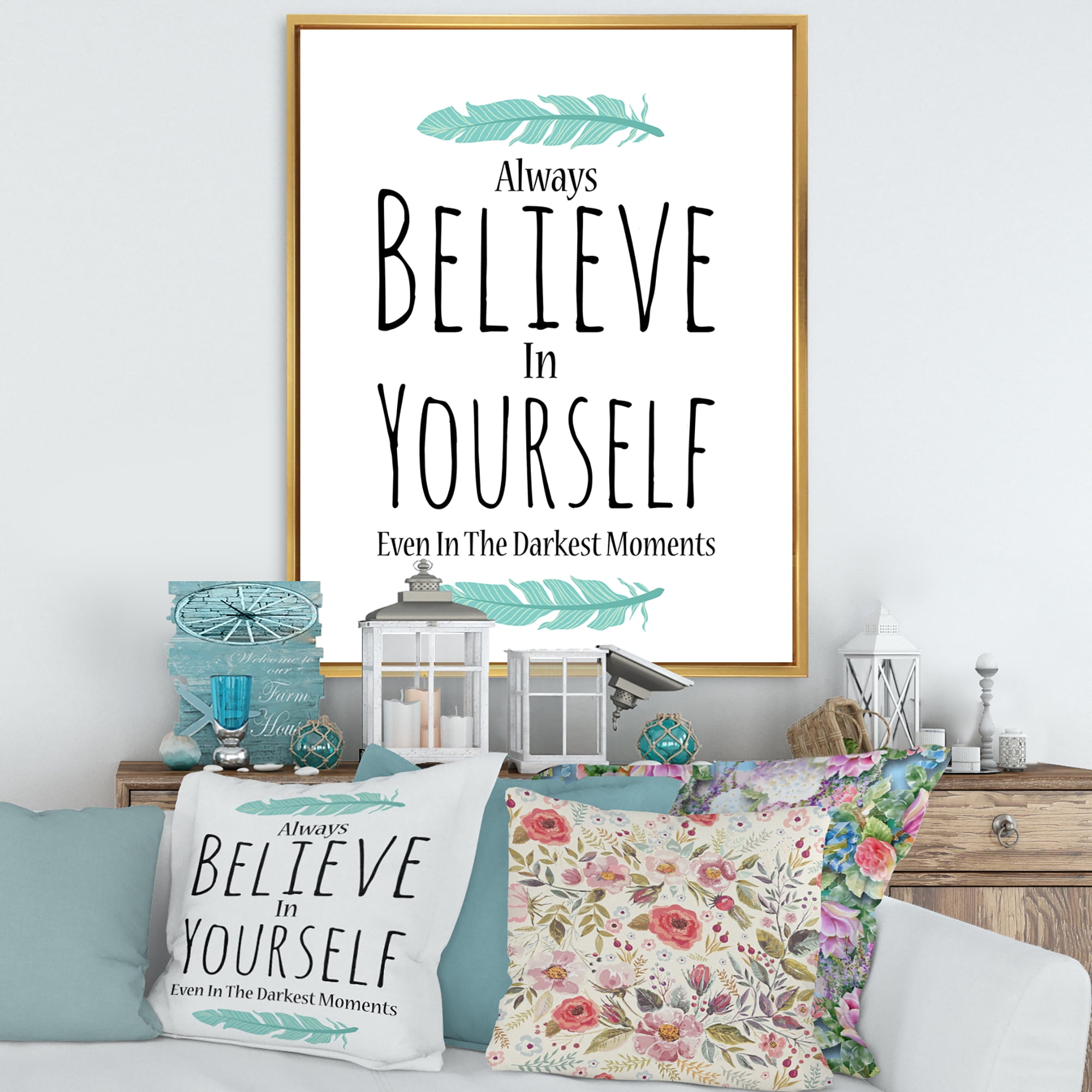 Designart 'Believe In Yourself Quote On White' Traditional Framed Canvas Wall Art Print