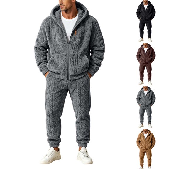 Gfyviroh Men's Fleece Thermal 2 Piece Set Zip Up Hooded Coat with Warm Joggers Winter Outfit Thick Fuzzy Cozy Casual Lounge Set