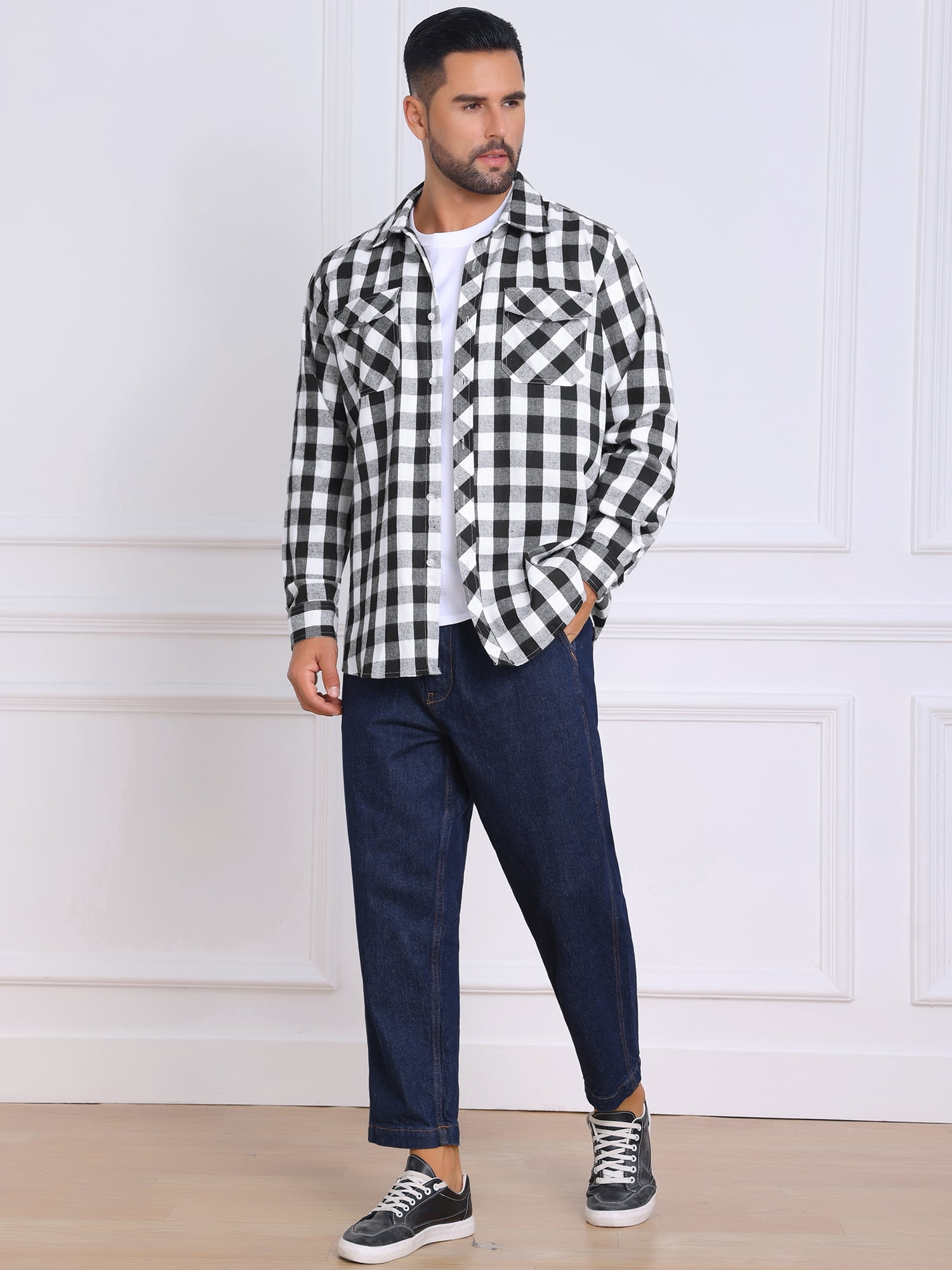DARING DIVA Men's Contrast Color Slim Fit Long Sleeved Button Down Shirts XL Black White