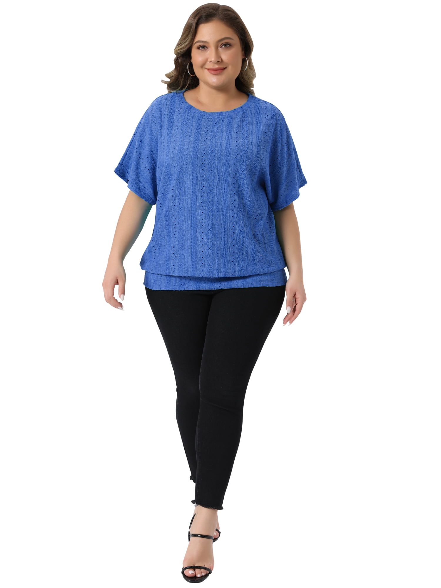 DARING DIVA Women's Plus Crew Neck Hollow Short Sleeve T Shirt 1X Royal Blue