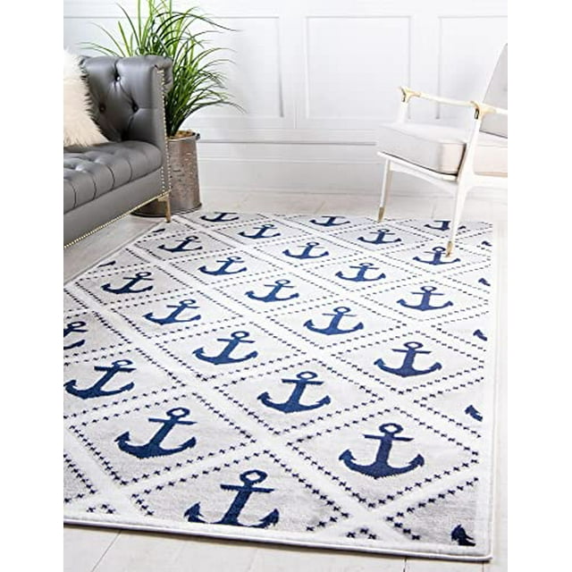 Unique Loom Metro Collection Modern Nautical Coastal Geometric Anchors Area Rug, for Kids, 5 x 8 ft, Light Gray/Ivory