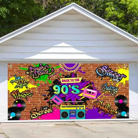 8X7 ft 90s Garage Door Background Decoration Hip Hop Back to The 90S Graffiti Banner Brick Wall Retro Background Neon Rewind Retro 1990s Dance Adults Birthday Party Decor Intdoor Outdoor Banner