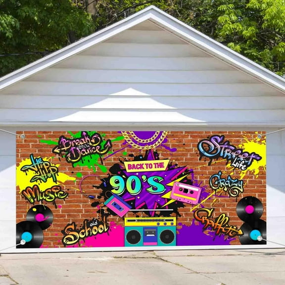 8X7 ft 90s Garage Door Background Decoration Hip Hop Back to The 90S Graffiti Banner Brick Wall Retro Background Neon Rewind Retro 1990s Dance Adults Birthday Party Decor Intdoor Outdoor Banner