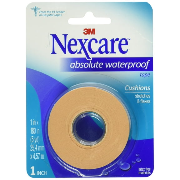 Nexcare Absolute Waterproof First Aid Tape, from The #1 Leader in U.S. Hospital Tapes, Stays on During Sports, Seals Out Water, Dirt and Germs, 1-Inch x 5-Yard Roll