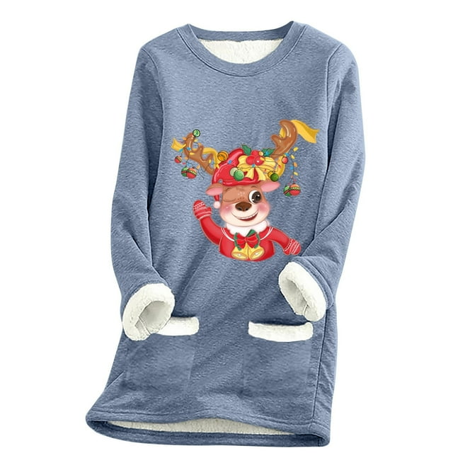 VBARHMQRT Chandail à Capuchon Court Femme Chandail de Noël à Manches Cerf Col Rond avec Poche Rembourrée Chaud
