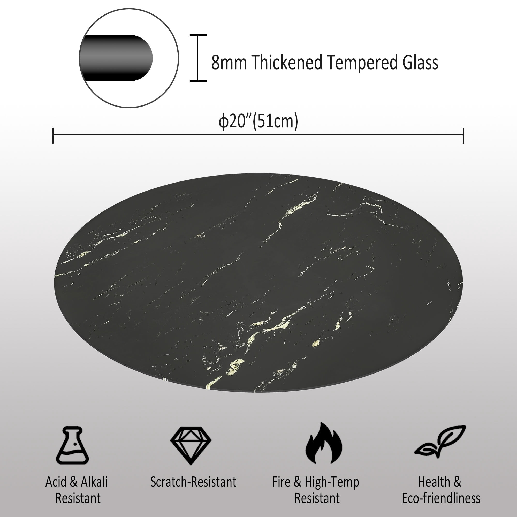 MAYEERTY 20in Round Tempered Glass Table Top, 0.31in Thick Black Gold Vein Marble Print DIY Replacement Table Cover, Heat Scratch Proof Desktop for Small Side Coffee Patio Bistro Table