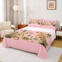 Feelyou Cartoon Tiger Wildlife Twin Sheet Sets, Palm Leaf Botanical Twin Fitted Sheet, Teens Kids Boys Girls Flat Sheet, Breathable Home Decor, 3 Pieces